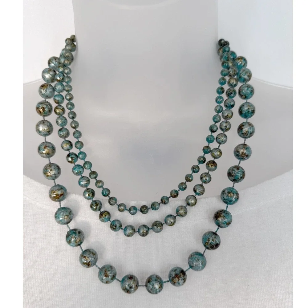 Teal Blue Gold Mottled Triple Strand Beaded Statement Necklace Graduated Layered